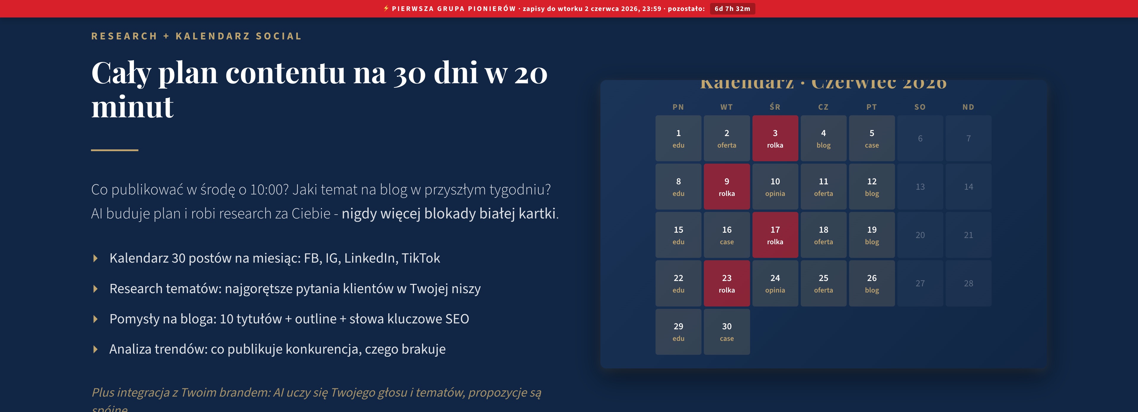 Kalendarz contentu - 30 dni postów na 4 platformach